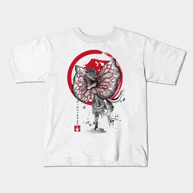 Dilophosaurus sumi-e Kids T-Shirt by DrMonekers